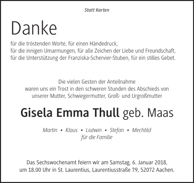 Traueranzeigen Von Gisela Emma Thull Aachen Gedenkt