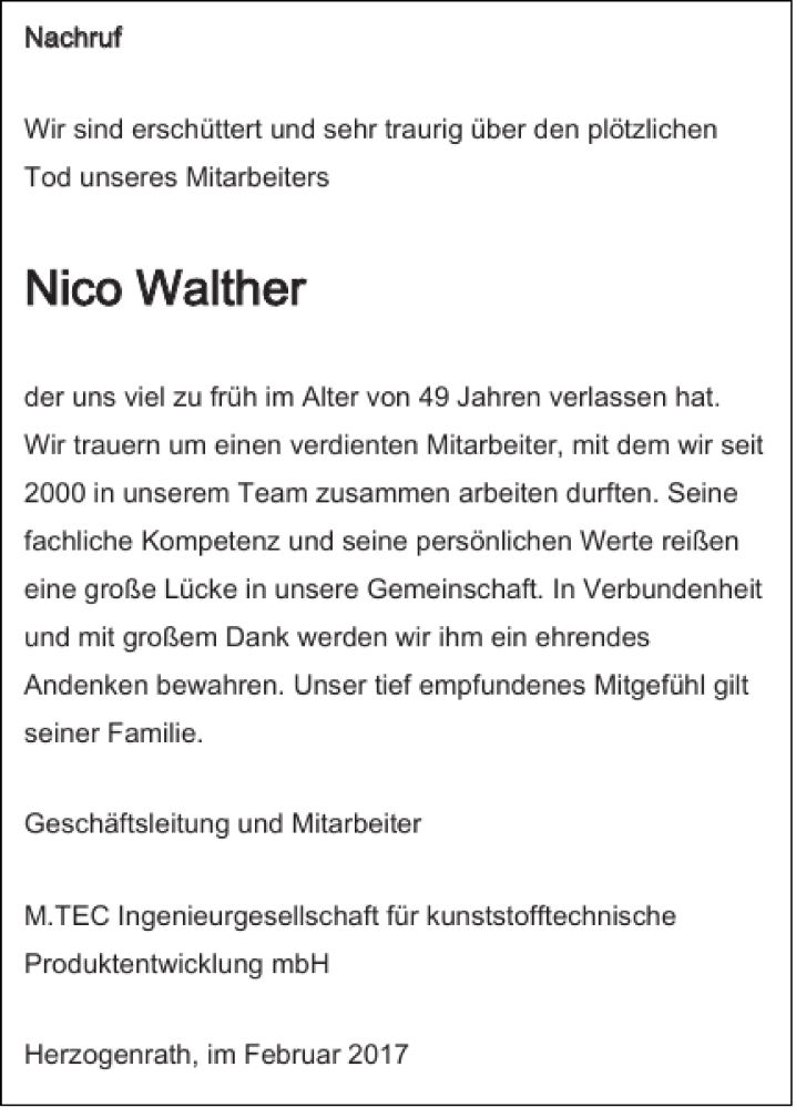 Traueranzeigen Von Nico Walther Aachen Gedenkt