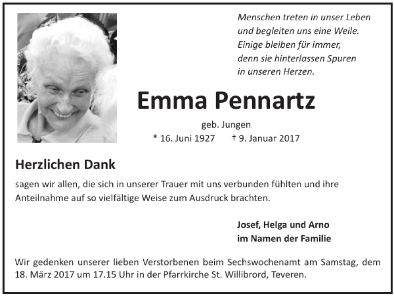 Traueranzeigen Von Emma Pennartz Aachen Gedenkt