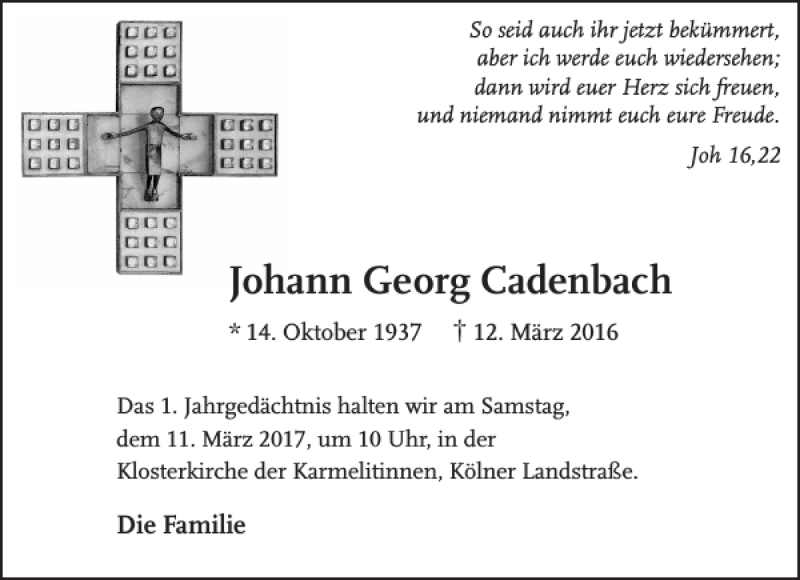 Traueranzeigen Von Johann Georg Cadenbach Aachen Gedenkt