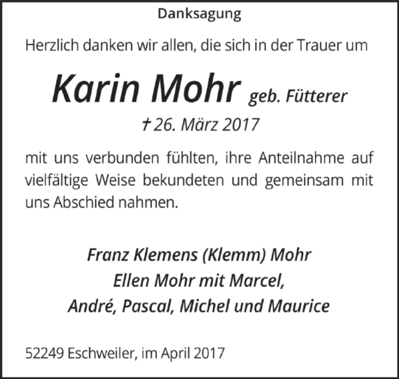 Traueranzeigen Von Karin Mohr Aachen Gedenkt