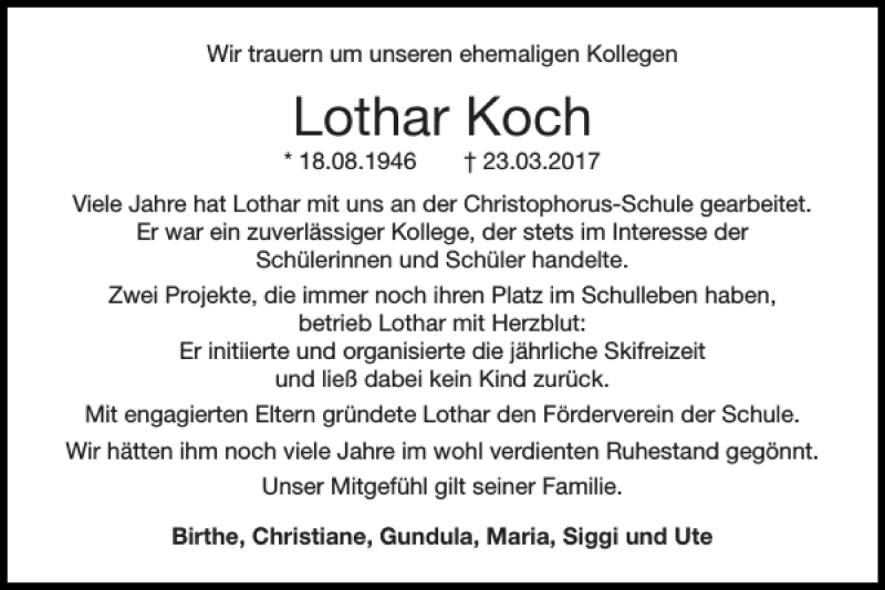 Traueranzeigen Von Lothar Koch Aachen Gedenkt