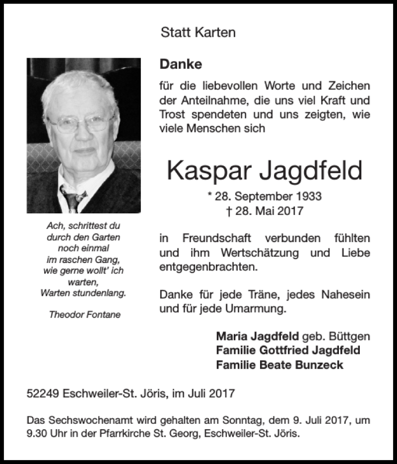 Traueranzeigen Von Kaspar Jagdfeld Aachen Gedenkt