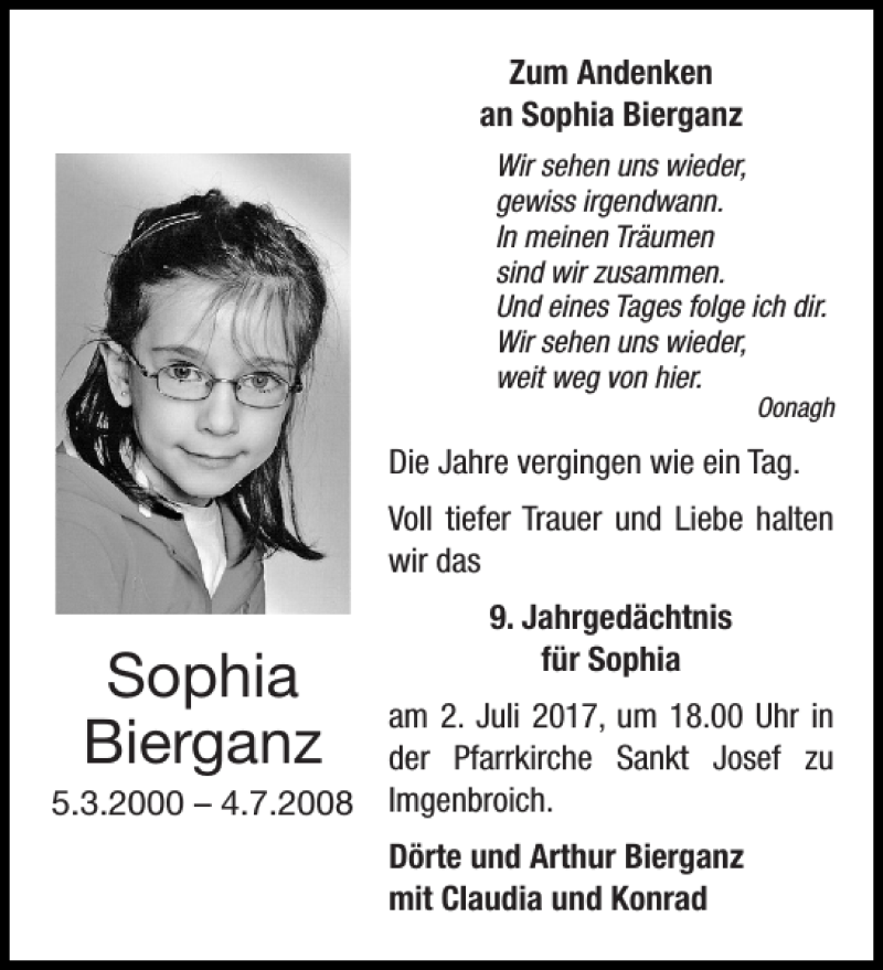 Traueranzeigen Von Sophia Bierganz Aachen Gedenkt