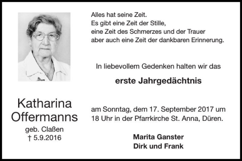 Traueranzeigen Von Katharina Offermanns Aachen Gedenkt