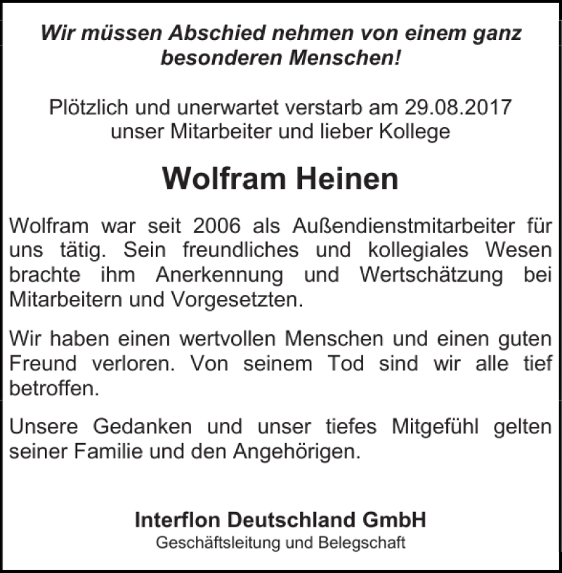 Traueranzeigen Von Wolfram Heinen Aachen Gedenkt