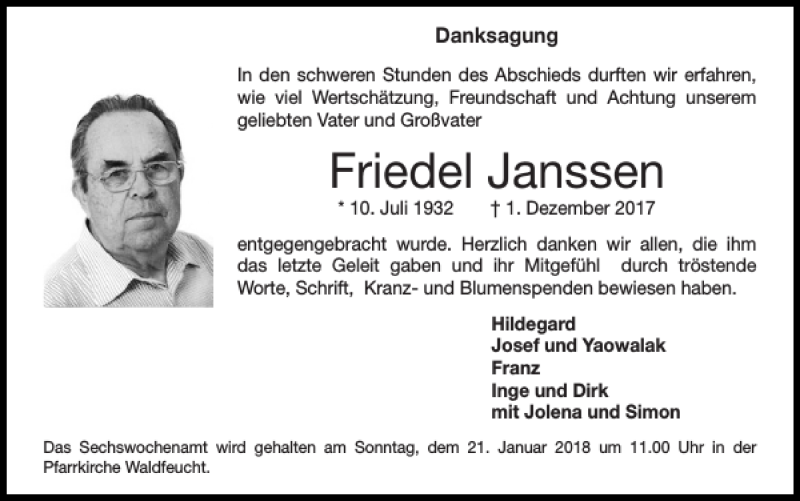 Traueranzeigen Von Friedel Janssen Aachen Gedenkt