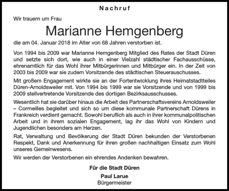 Traueranzeigen Von Marianne Hemgenberg Aachen Gedenkt