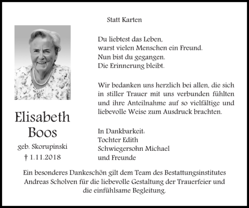 Traueranzeigen Von Elisabeth Boos Aachen Gedenkt