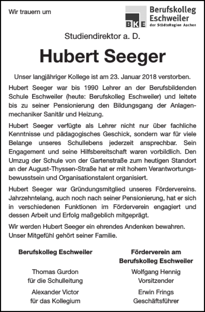 Traueranzeigen Von Hubert Seeger Aachen Gedenkt