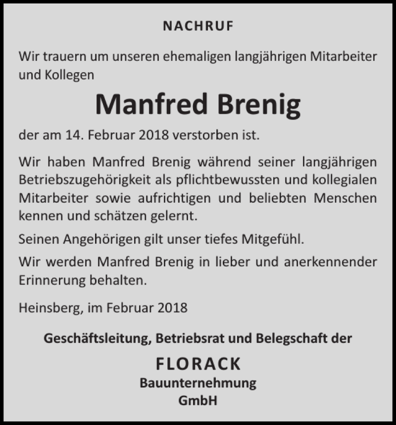 Traueranzeigen Von Manfred Brenig Aachen Gedenkt