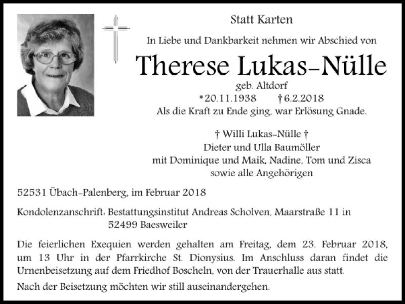 Traueranzeigen Von Therese Lukas N Lle Aachen Gedenkt