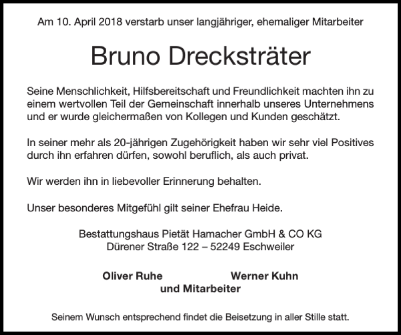 Traueranzeigen Von Bruno Dreckstr Ter Aachen Gedenkt