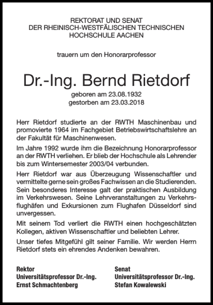 Traueranzeigen Von Dr Ing Bernd Rietdorf Aachen Gedenkt