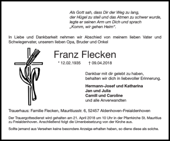 Traueranzeigen Von Franz Flecken Aachen Gedenkt