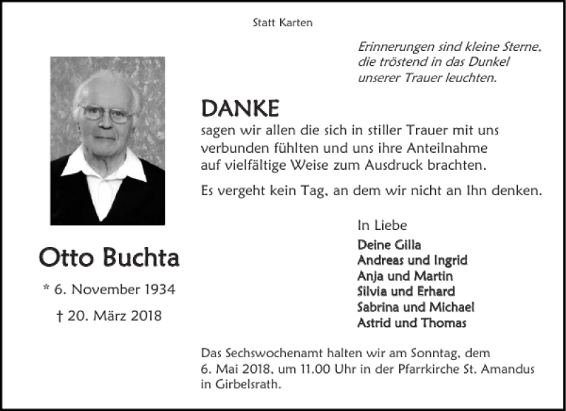 Traueranzeigen Von Otto Buchta Aachen Gedenkt