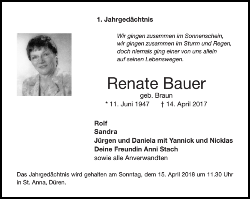 Traueranzeigen Von Renate Bauer Aachen Gedenkt