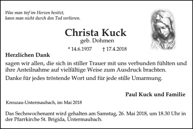 Traueranzeigen Von Christa Kuck Aachen Gedenkt