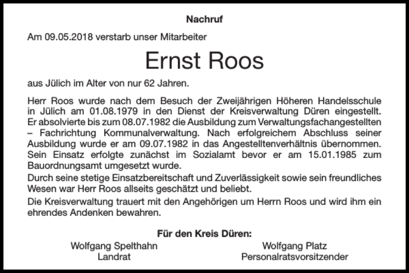 Traueranzeigen Von Ernst Roos Aachen Gedenkt