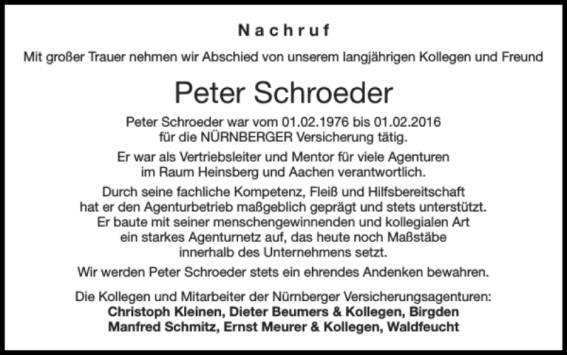 Traueranzeigen Von Peter Schroeder Aachen Gedenkt