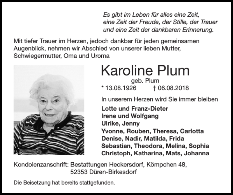 Traueranzeigen Von Karoline Plum Aachen Gedenkt