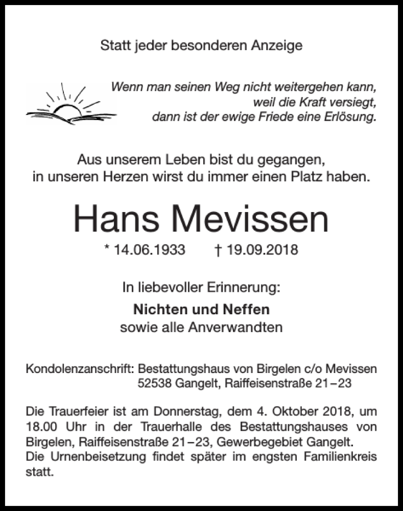 Traueranzeigen Von Hans Mevissen Aachen Gedenkt