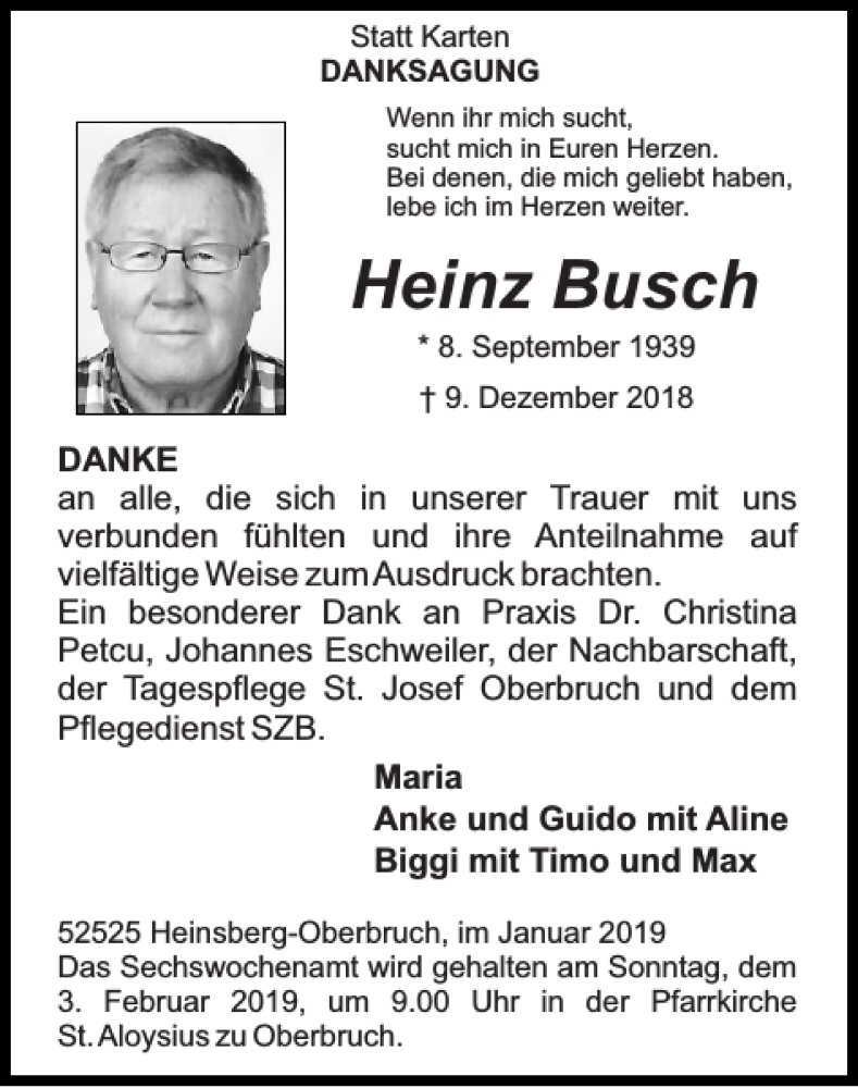 Traueranzeigen Von Heinz Busch Aachen Gedenkt