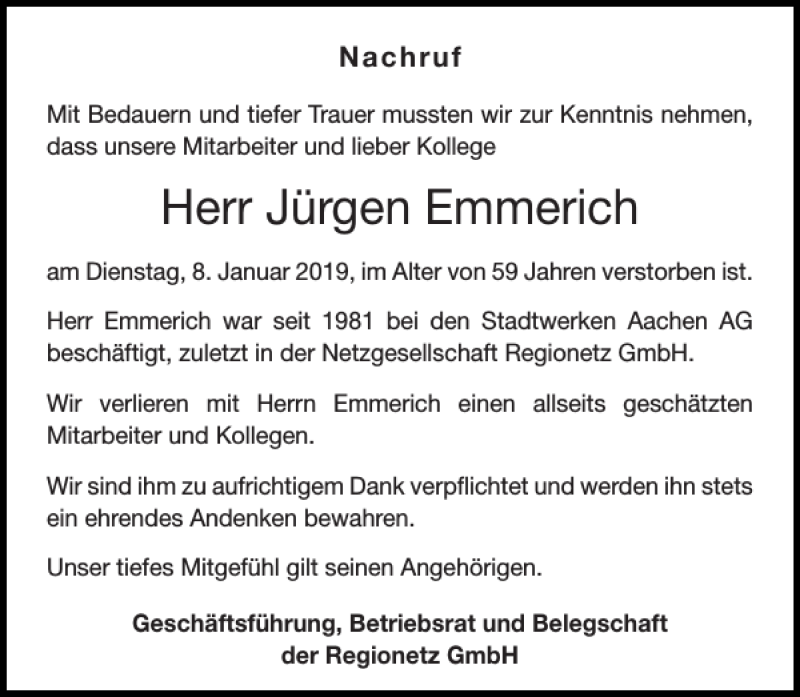 Traueranzeigen von Jürgen Emmerich Aachen gedenkt