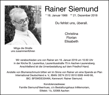 Traueranzeigen Von Rainer Siemund Aachen Gedenkt