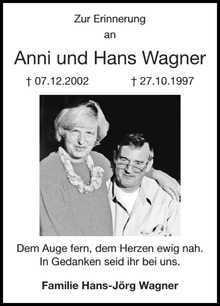 Traueranzeigen Von Anni Und Hans Wagner Aachen Gedenkt