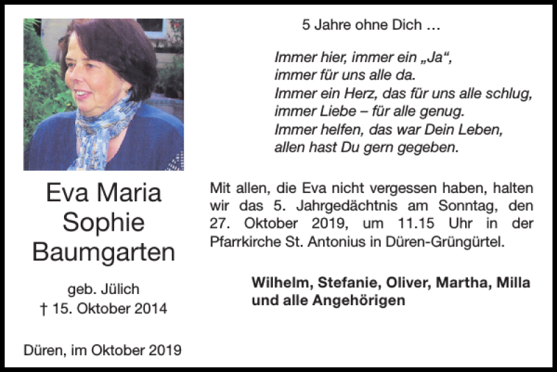 Traueranzeigen Von Eva Maria Sophie Baumgarten Aachen Gedenkt