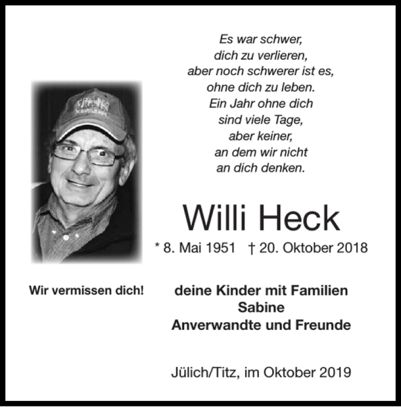 Traueranzeigen Von Willi Heck Aachen Gedenkt