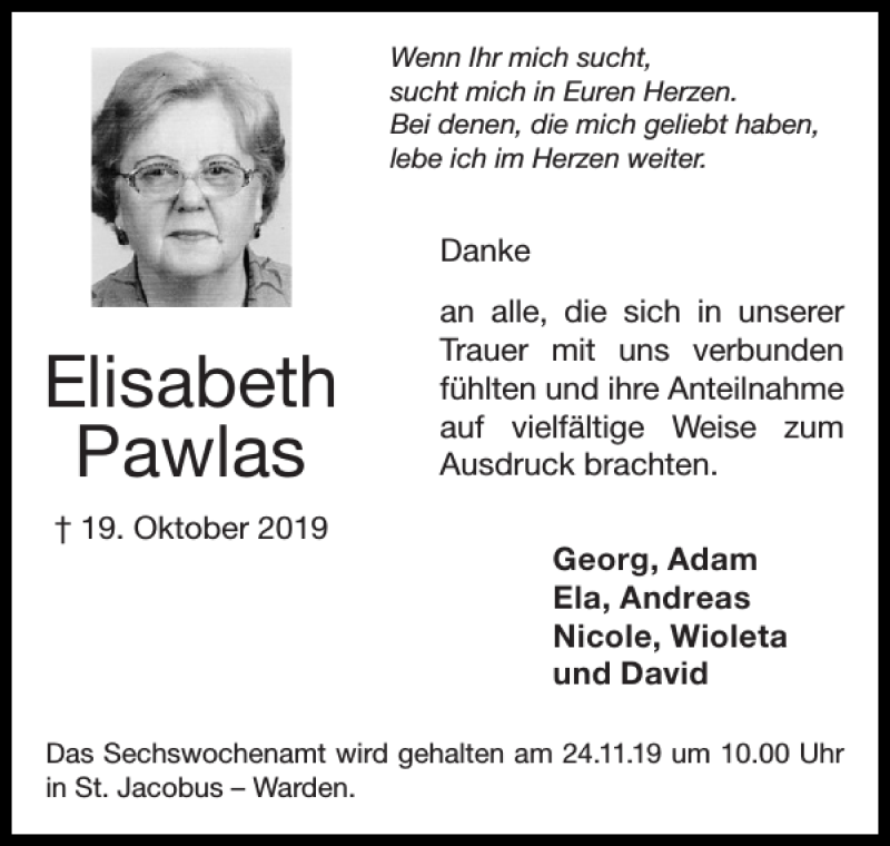 Traueranzeigen Von Elisabeth Pawlas Aachen Gedenkt