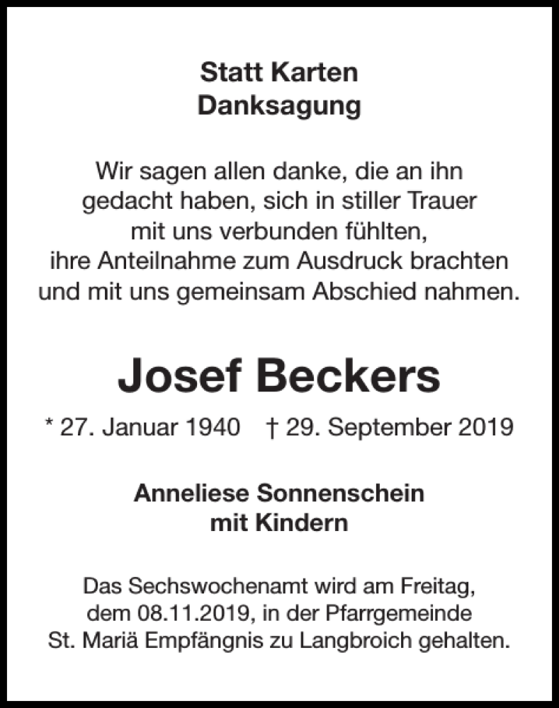 Traueranzeigen Von Josef Beckers Aachen Gedenkt