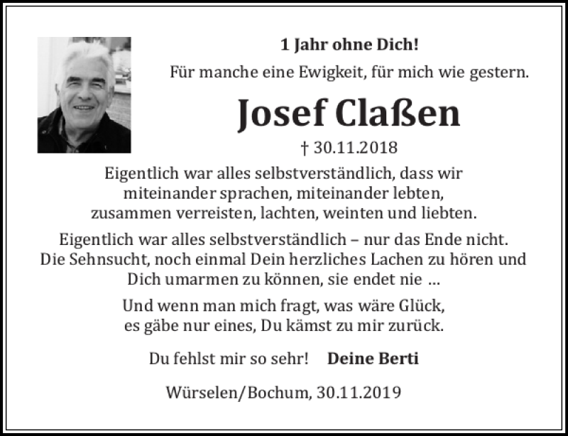 Traueranzeigen von Josef Claßen Aachen gedenkt