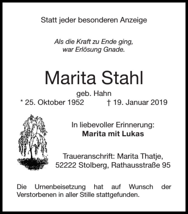 Traueranzeigen Von Marita Stahl Aachen Gedenkt