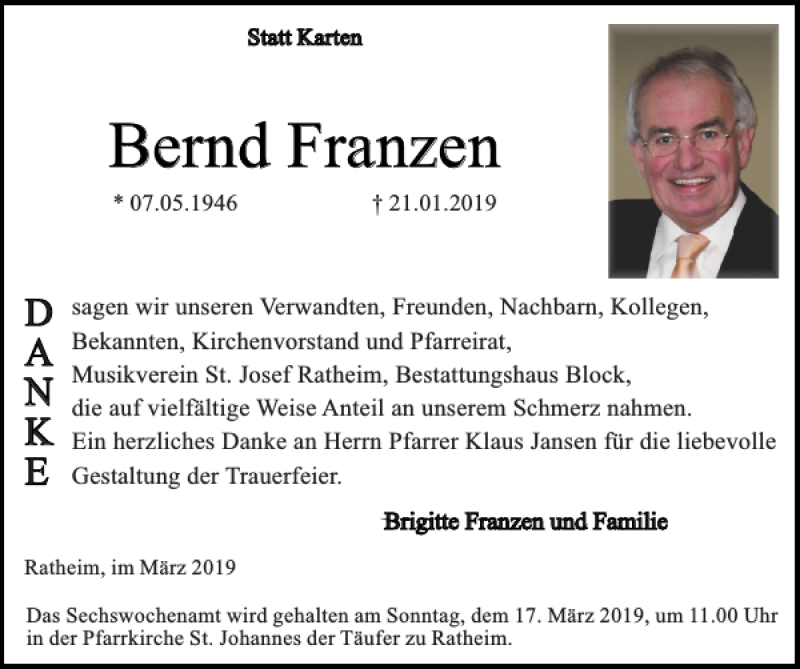 Traueranzeigen Von Bernd Franzen Aachen Gedenkt