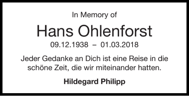 Traueranzeigen Von Hans Ohlenforst Aachen Gedenkt