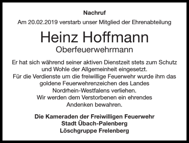 Traueranzeigen Von Heinz Hoffmann Aachen Gedenkt