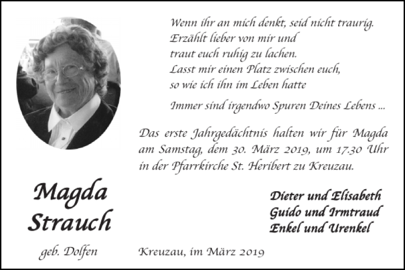 Traueranzeigen Von Magda Strauch Aachen Gedenkt