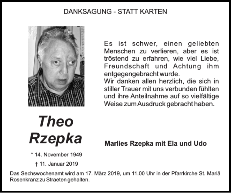 Traueranzeigen Von Theo Rzepka Aachen Gedenkt