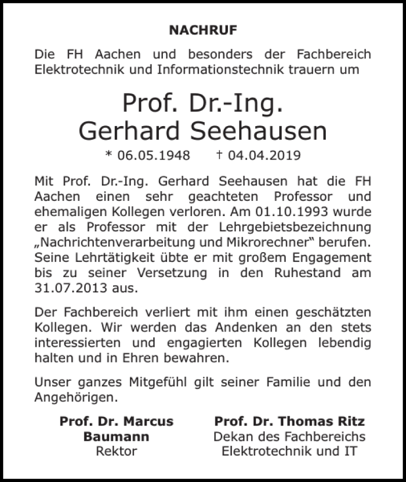 Traueranzeigen Von Prof Dr Ing Gerhard Seehausen Aachen Gedenkt