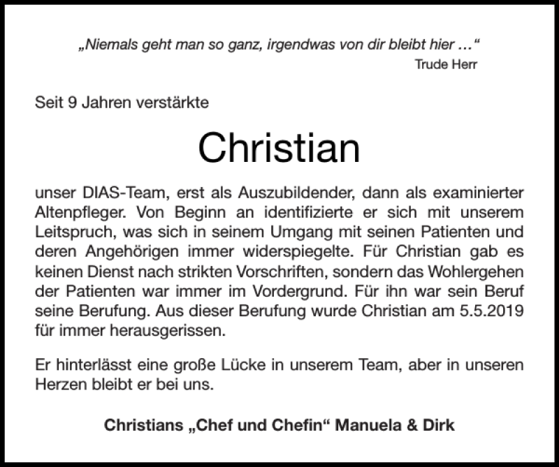 Traueranzeigen Von Christian Aachen Gedenkt