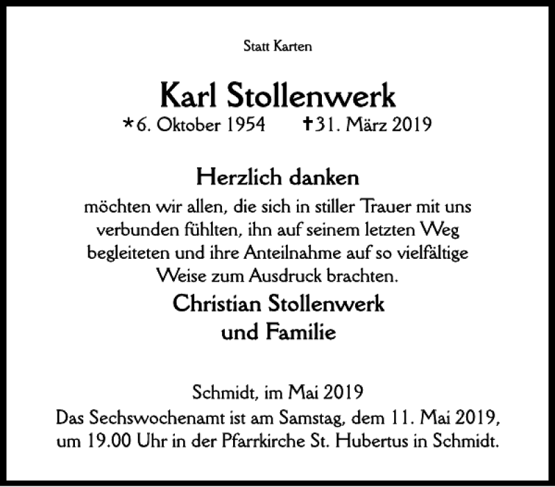 Traueranzeigen Von Karl Stollenwerk Aachen Gedenkt