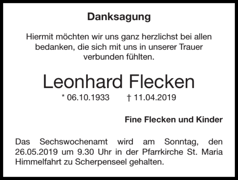 Traueranzeigen Von Leonhard Flecken Aachen Gedenkt