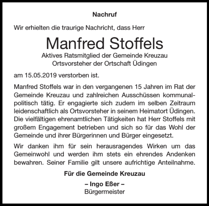 Traueranzeigen Von Manfred Stoffels Aachen Gedenkt