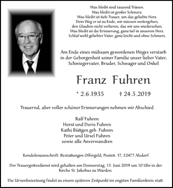 Traueranzeigen Von Franz Fuhren Aachen Gedenkt