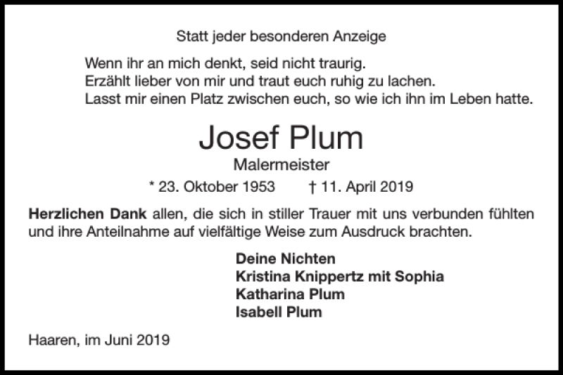 Traueranzeigen Von Josef Plum Aachen Gedenkt