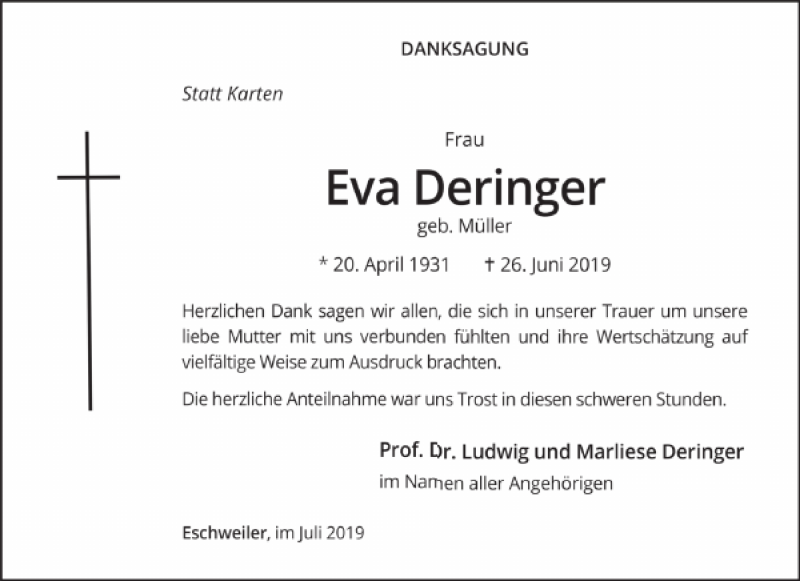 Traueranzeigen Von Eva Deringer Aachen Gedenkt