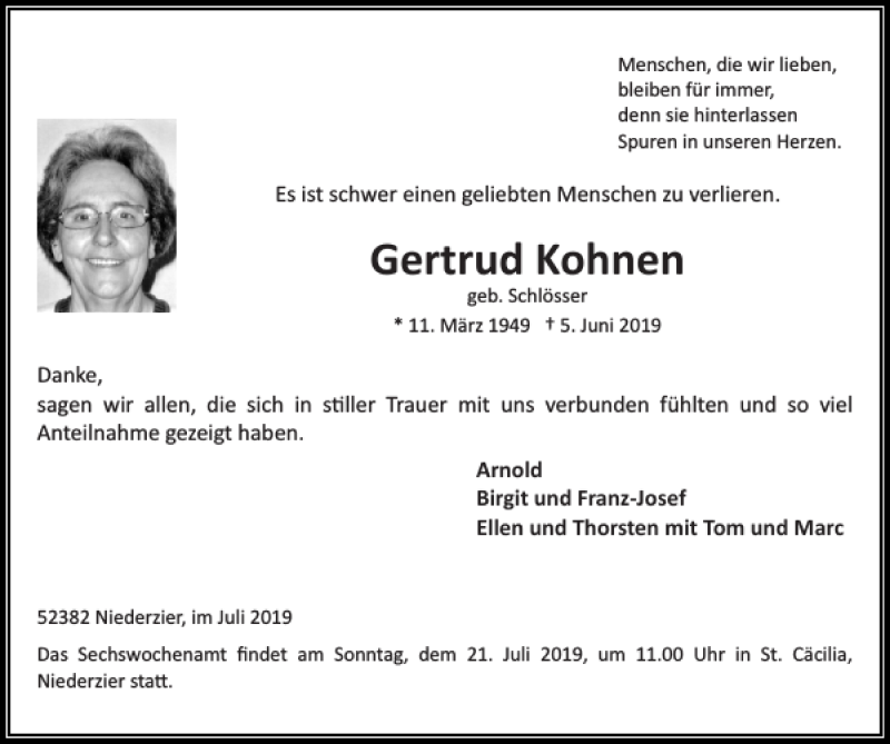 Traueranzeigen Von Gertrud Kohnen Aachen Gedenkt